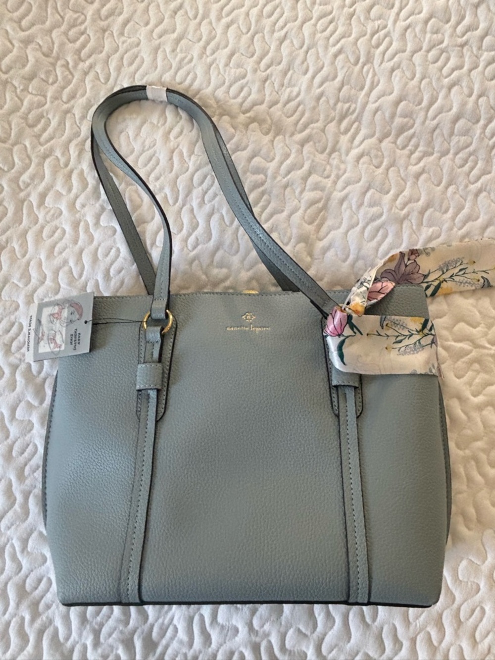 Nanette Lenore Pale Blue Pebbled Shoulder Tote with Floral Scarf. Chambray NWT